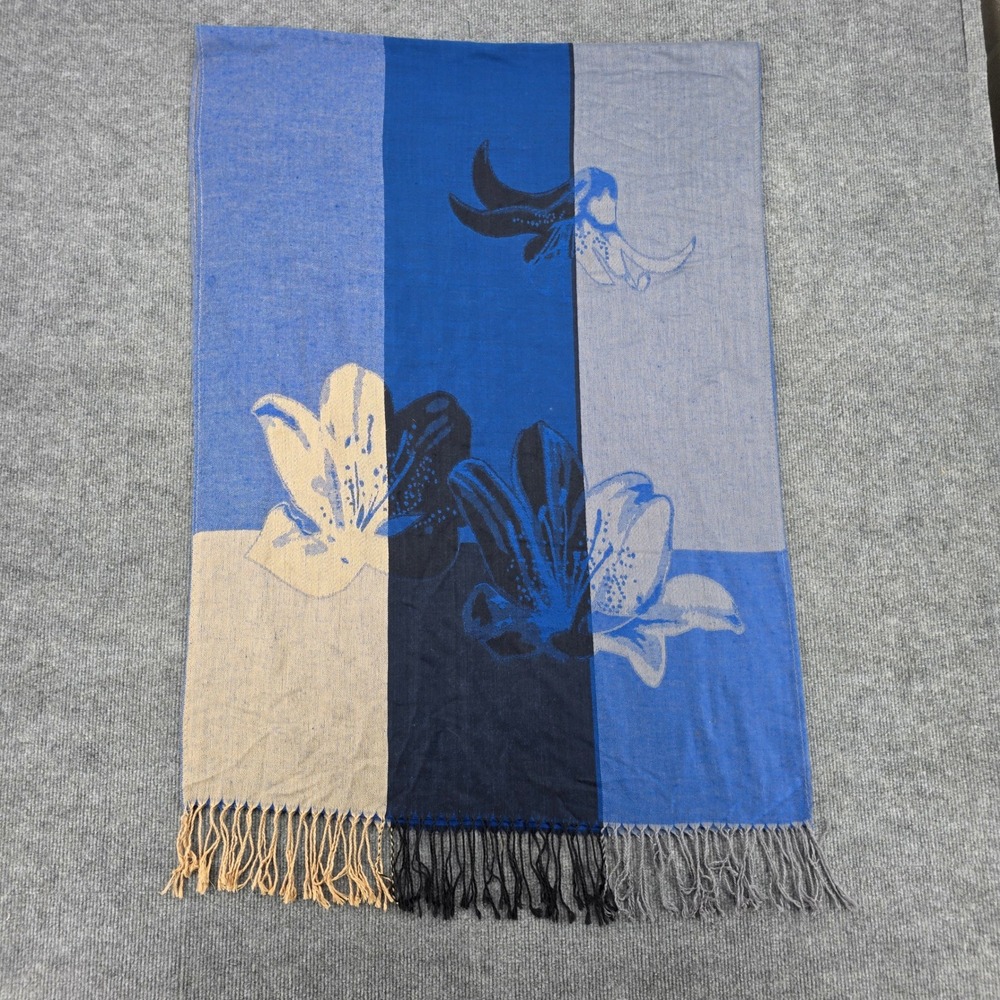 Blue Floral Colorblock Woven Scarf Tassel Fringe Wrap Shawl Lily Print